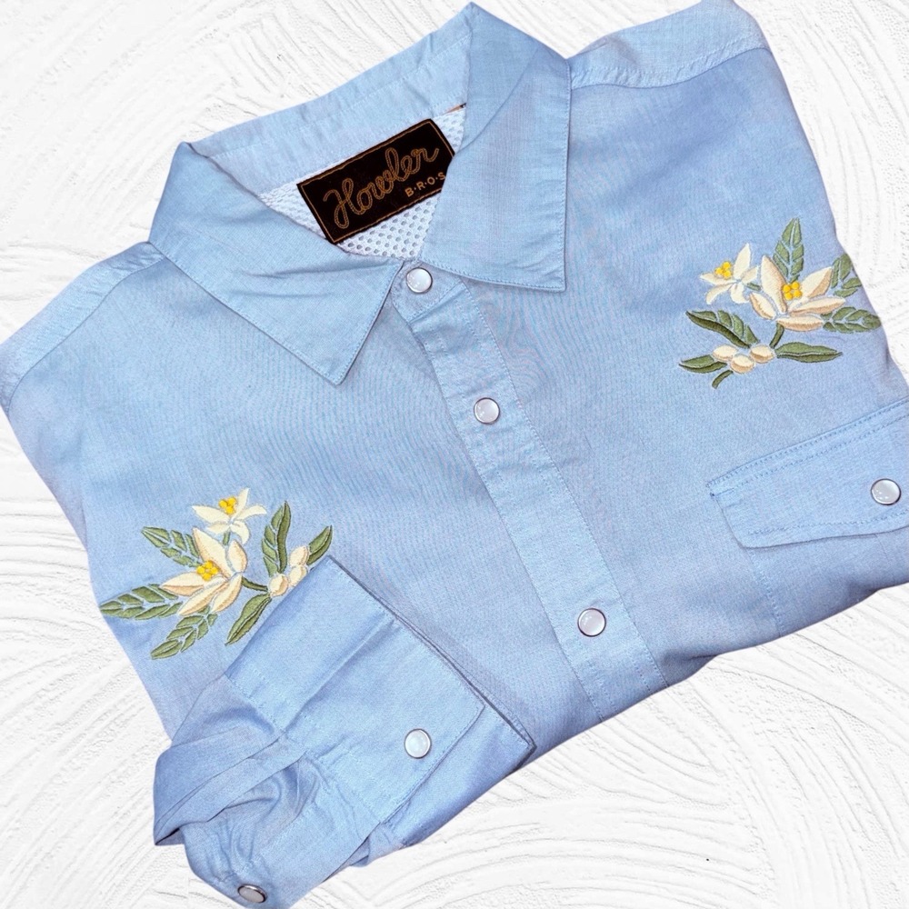 Howler Bros Gaucho Pearl Snap Shirt Orange Blossom Special Mens Sz X-Large Blue